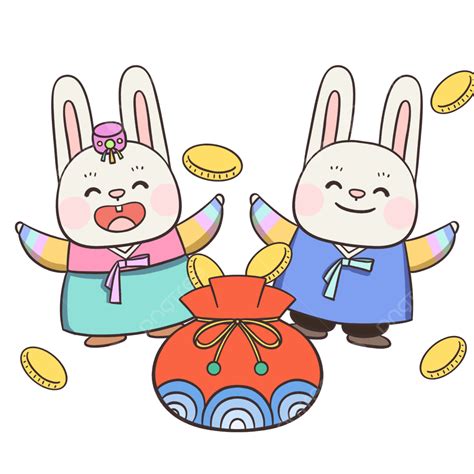한국의 봄 축제 전통 한복 토끼와 복주머니 한국 상서로운 가방 토끼 Png 일러스트 및 Psd 이미지 무료 다운로드