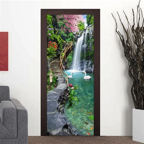 photo wallpaper 3d waterfalls forest landscape murals living room bedroom door sticker creative