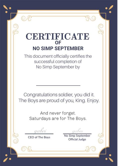Official No Simp September Completion Certificate We Did It Boys We