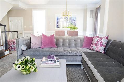 Gray And Pink Living Room With Purple Curtains