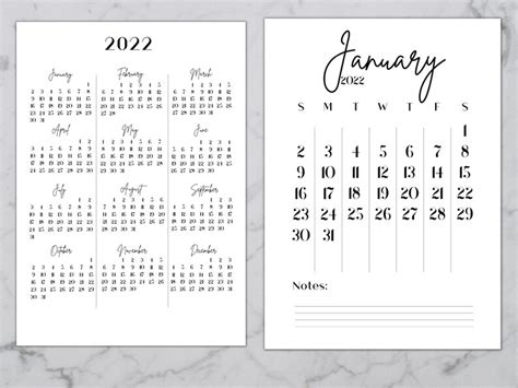 2022 Minimalist Calendar Printables Calendar Template Year Etsy