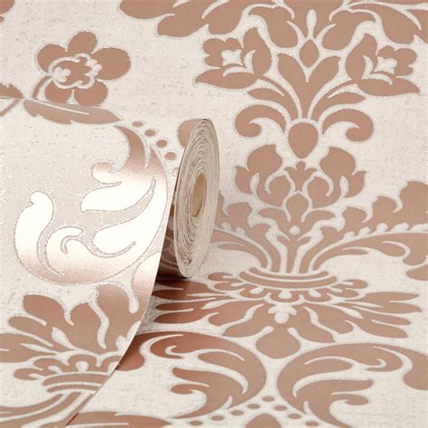 Fine Decor Quartz Damask Rose Gold Glitter Wallpaper Quartz Damask