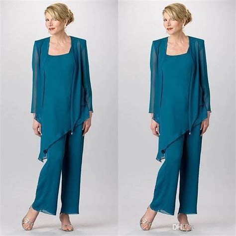 Chiffon Mother Of The Bride Pant Suits Teal Long Mothers Groom