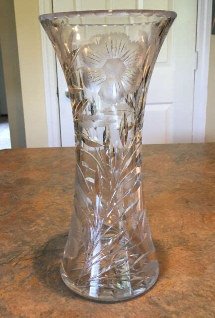 Vintage 12 Crystal Cut Glass Vase With Etched Flowers Very Heavy And Nice Ebay