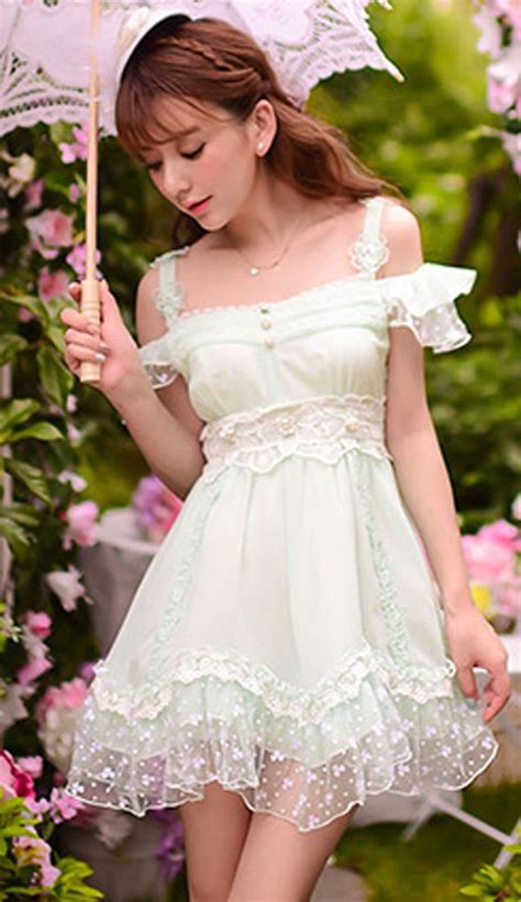 Sweet Japanese Minty Green Chiffon Ruffled Dress Chiffon Ruffle Dress Pretty Dresses Girly