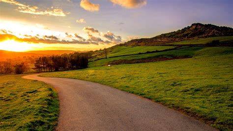 Download Road Sunset Hill Field Wallpaper Green Fields Холмы Дорога