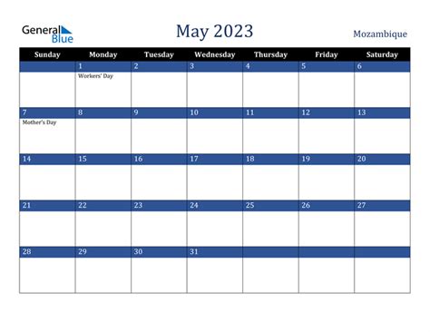May 2023 Calendar With Mozambique Holidays