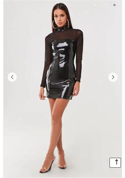 Fashion Long Sleeve Faux Leather Dress Sexy Black Open Bust Pvc Latex