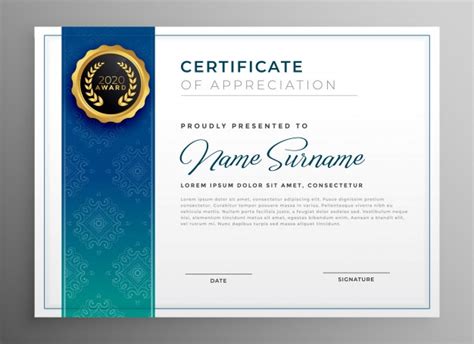 Elegante Certificado Azul De Apreciación Plantilla Vector Ilustración