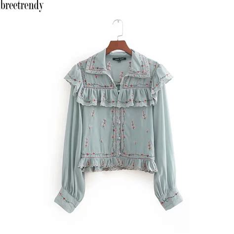 C876 Women Fresh Mint Green Ruffles Embroidery Blouse Pleated Ruched