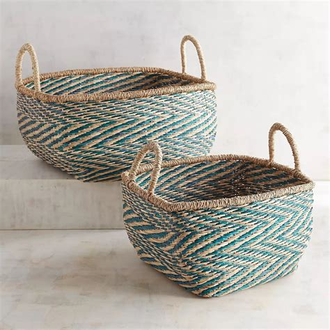 Hand Woven In An Intricate Pattern These Seagrass Baskets Have Sophisticated Style That Is Both