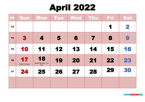 Free April 2022 Calendar With Holidays