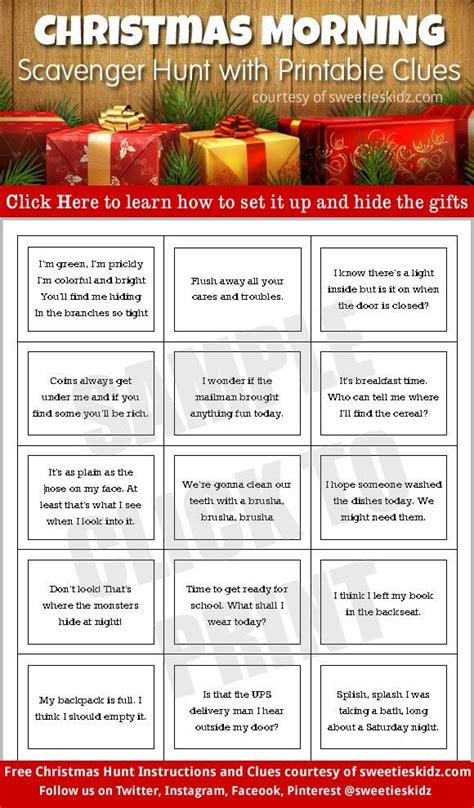 Use these riddles to create your own scavenger hunt game or printable worksheet. Christmas Morning Scavenger Hunt With Printable Clues ...