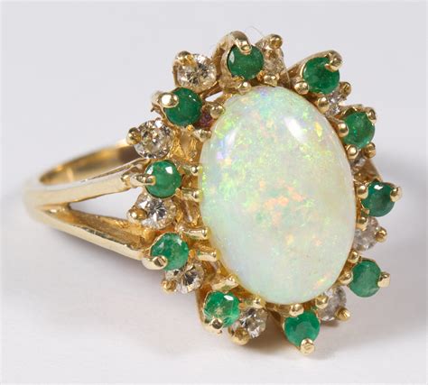 14k Gold, Opal, Emerald and Diamond Ring | Leonard Auction