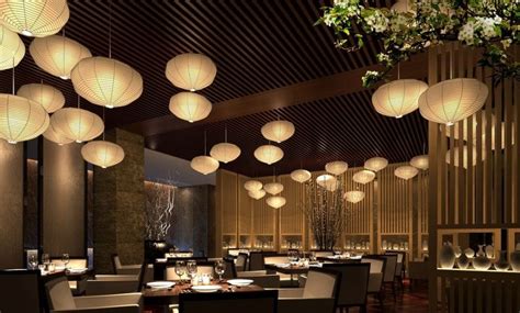 Elegant Asian Restaurant Interior Design With White Lampshade For Best
