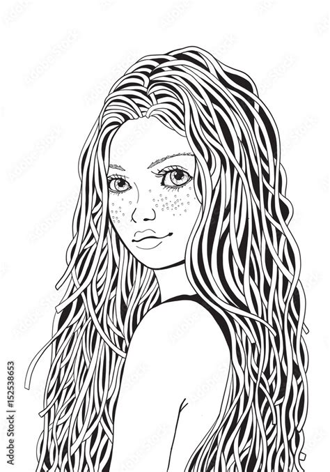 Cute Girl Coloring Book Page For Adult Black And White Doodle