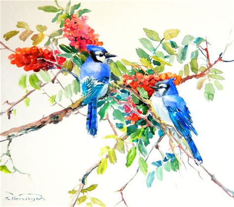 Blue Jays And Rowan Tree Birds And Flowers By Suren