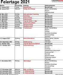 Kalender kostenlos als pdf datei herunterladen. Feiertage 2021 in Deutschland mit druckbaren Vorlagen