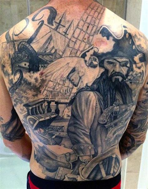 Breathtaking Black And White Colored Old Pirate Themed Tattoo On Whole