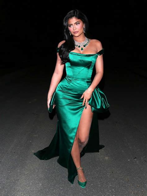 Kylie Jenner In Green Satin Dress Going To The Kardashians Christmas