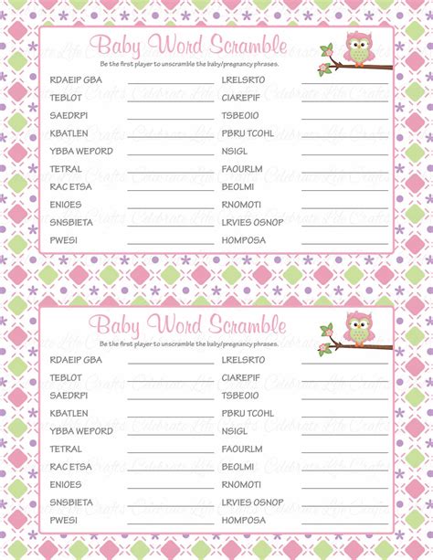 Baby Shower Word Scramble Game And Answer Key Printable Etsy