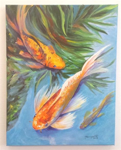 An Acrylic Painting Of Two Goldfish Swimming In A Pond With Palm Leaves