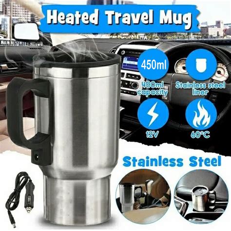 12v Car Charging Stainless Steel Heated Travel Mug Kettle 450ml Water