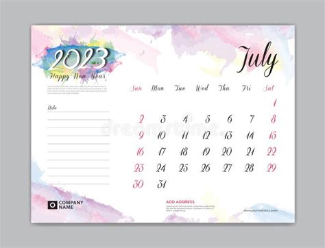 Calendar 2023 Template On Colorful Watercolor Background July Month