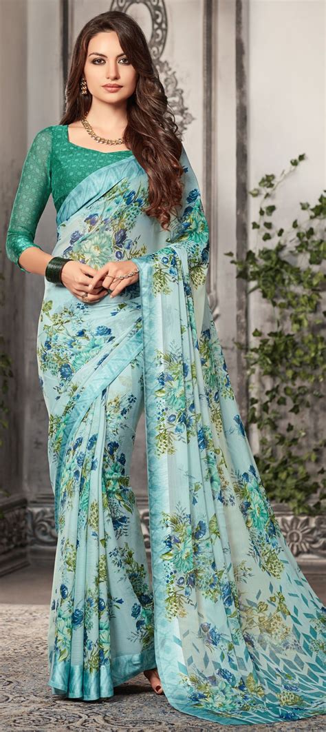 faux chiffon casual saree in blue with printed work casual saree stylish sarees chiffon saree