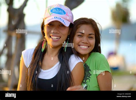 Two Girls Smiling Thara Patong Beach Phuket Thailand Asia Beach In The