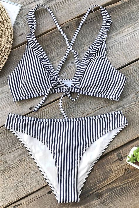 Navy And White Stripe Bikini With Ruffles Bikini Surfwear Surfstyle