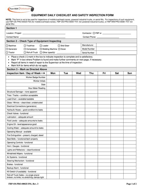 Printable Equipment Inspection Checklist Template Printable Templates