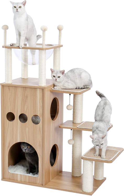 Modern Wooden Cat Tree Multi Level Cat Tower With Fully