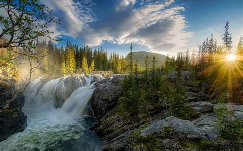 Waterfall Sunset River Forest Nature Landscape Sun