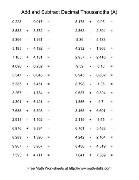 Decimal Addition Subtraction Multiplication And Division Worksheets