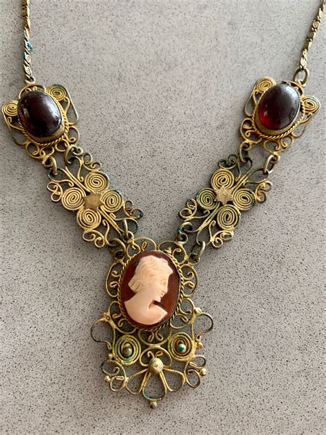 Vintage Carved Shell Cameo Necklace With Filigree And Purple Ruby Red Glass Cabochons Regal