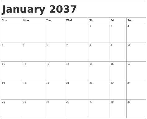 January 2037 Calendar Template