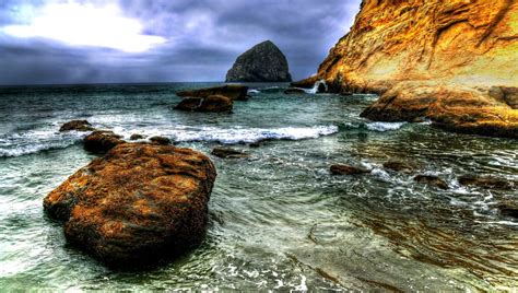 1907x1080 Rocks Shore Cliff Hdr Waves Sea Coolwallpapersme