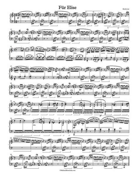 1 Page Version Of Beethovens Fur Elise Free Sheet Music Piano