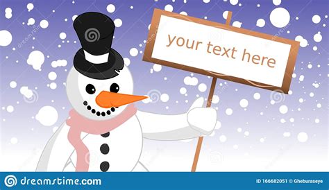 Snowman Holding A Sign In His Hands Winter Colors Stock Illustration