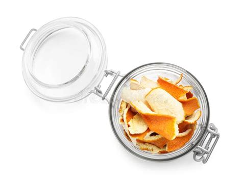 Glass Jar With Dry Orange Peels Isolated On White Top View Stock Image