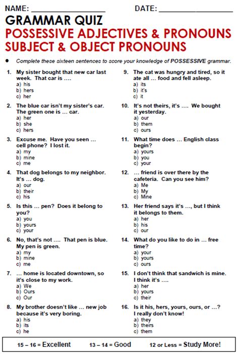 Possessive Pronouns Exercises Pdf With Answers Exercise Poster