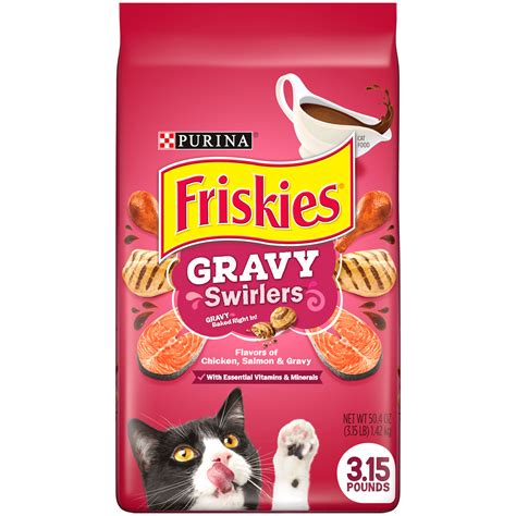 Friskies wet cat food comes in a wide variety of yummy flavors, textures and deliciousness, cats can't help but say mmmeow! Friskies Dry Cat Food Gravy Swirlers - 3.15 lb. Bag ...