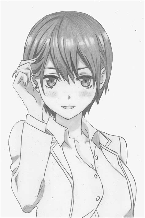 A Drawing Of A Woman With Short Hair Wearing A Shirt And Tie Holding Her Hand To Her Head
