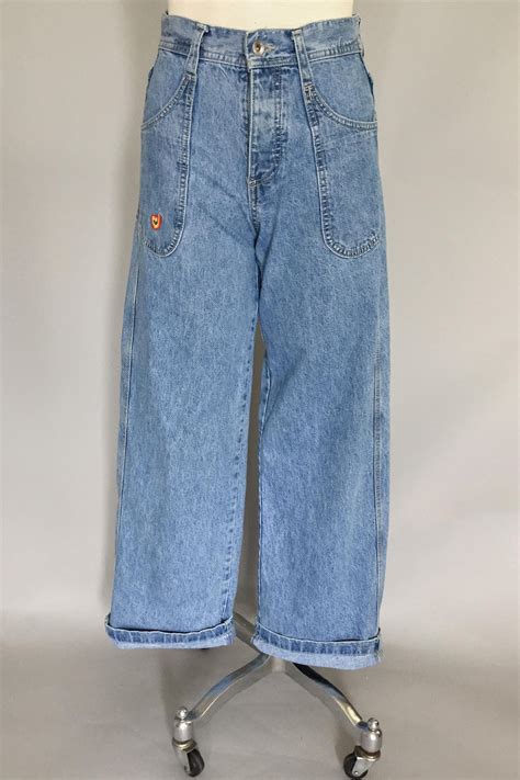 Vintage 1990s High Waisted Embroidered Denim Wide Leg Jeans 90s Jeans