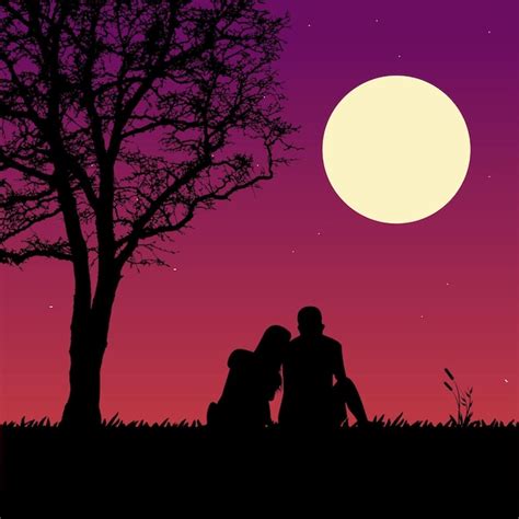 Premium Vector Couple Under A Tree And Moonlight Silhouette