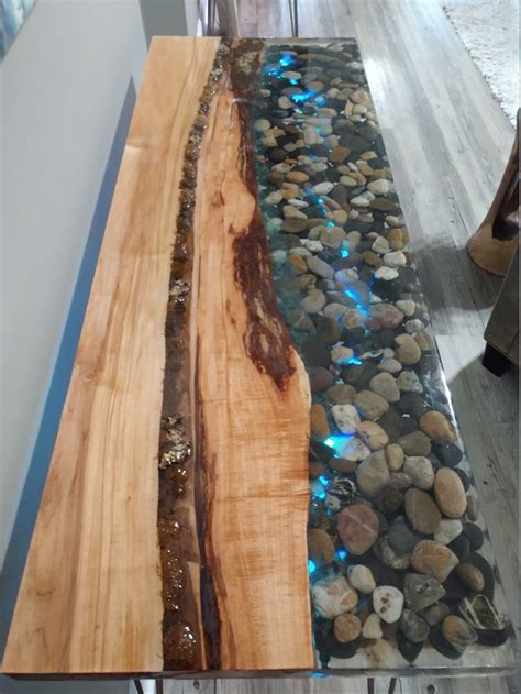 Resin River Table W Rocks Embedded And Back Lit By Led Light Strip