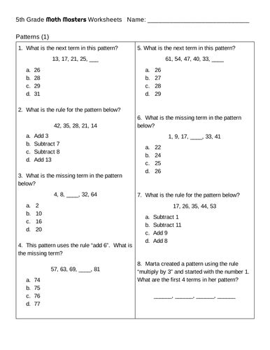 Patterns 5th Grade Math Skills Common Core 5oab3 Teaching Resources