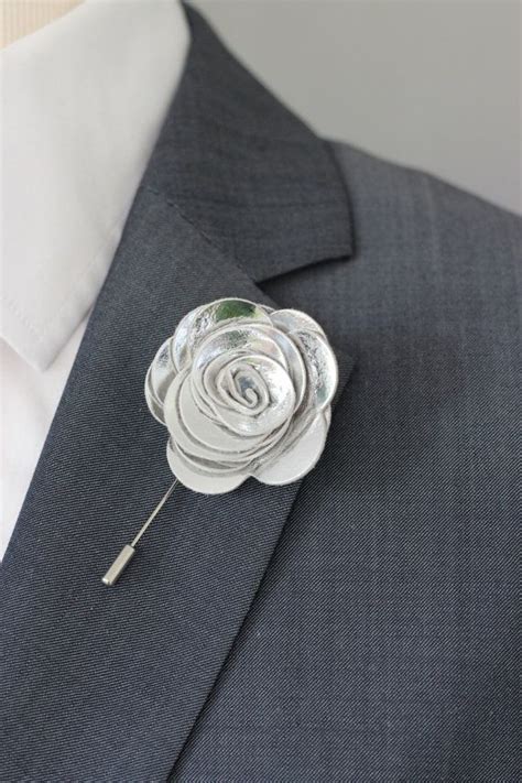 Silver Flower Lapel Pin Bow Tie Set Silver Rose Boutonniere Etsy