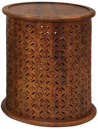 Sheesham And Mango Wood Drum Accent Table Round Wood Drum End Table